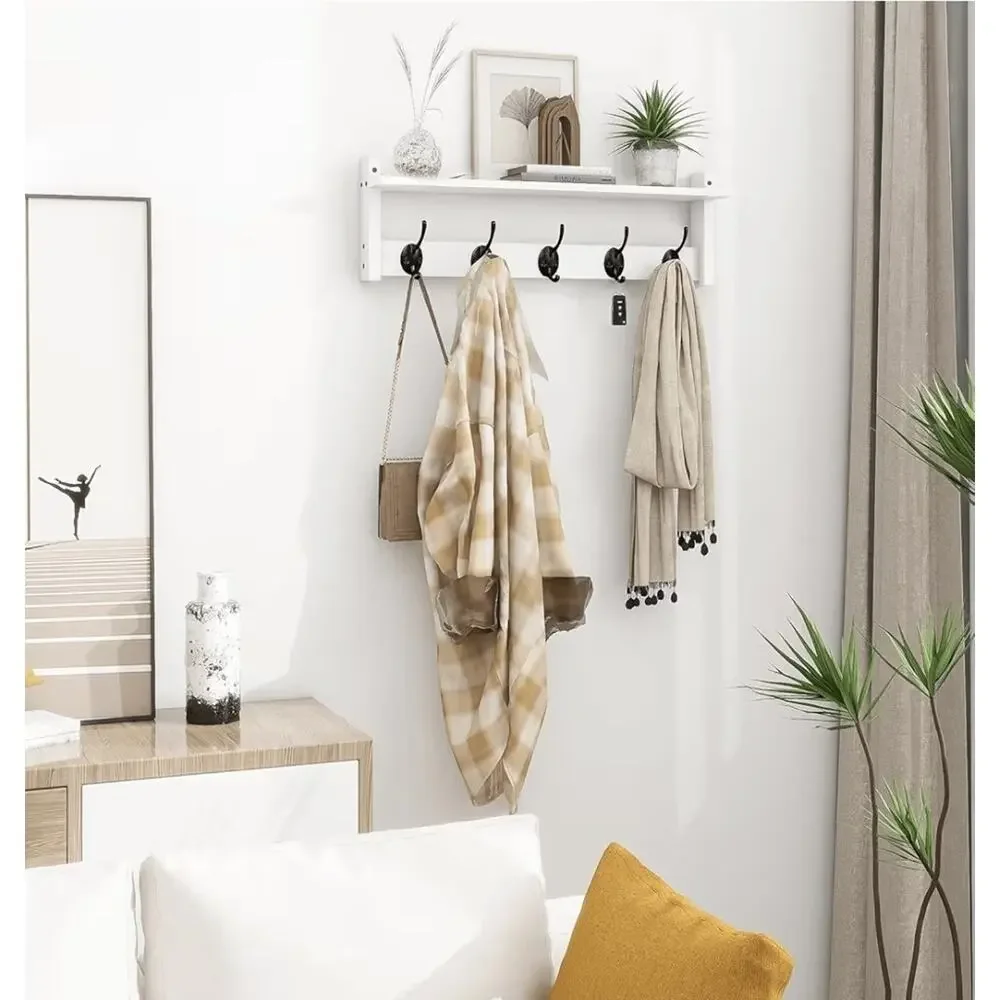 Wall Mount Coat Rack with Shelf 5 Hooks for Coats Backpacks Keys, White